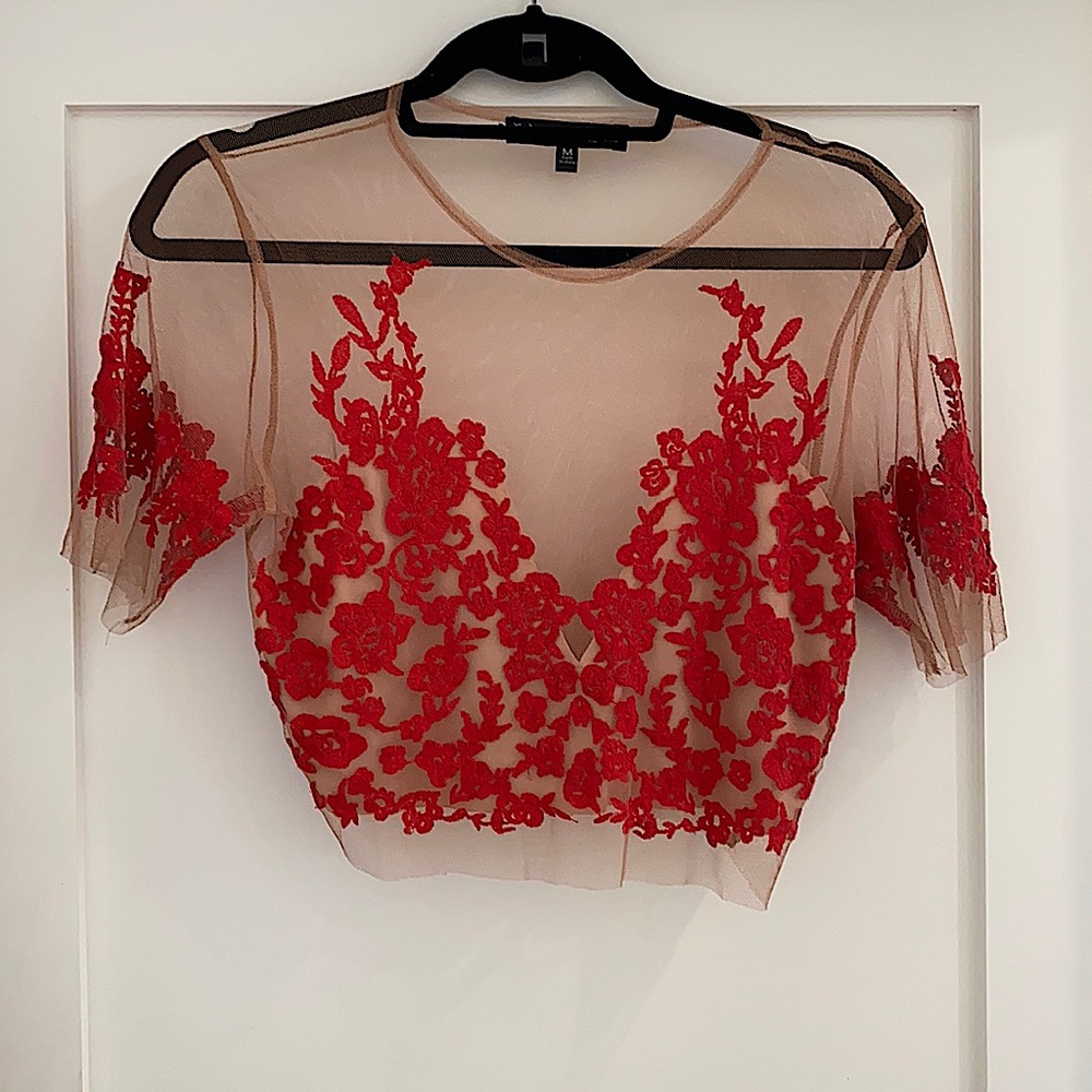 For Love and Lemons red lace and nude crop top